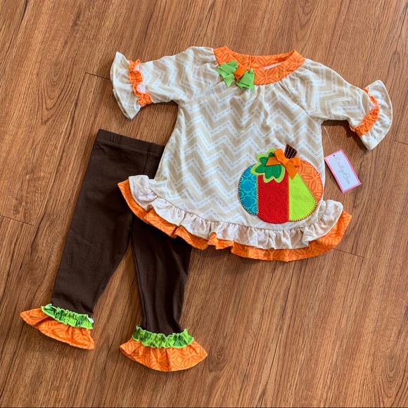NWT Girls EMILY ROSE White Orange Tan Thanksgiving Pumpkin Set Sz 18 months